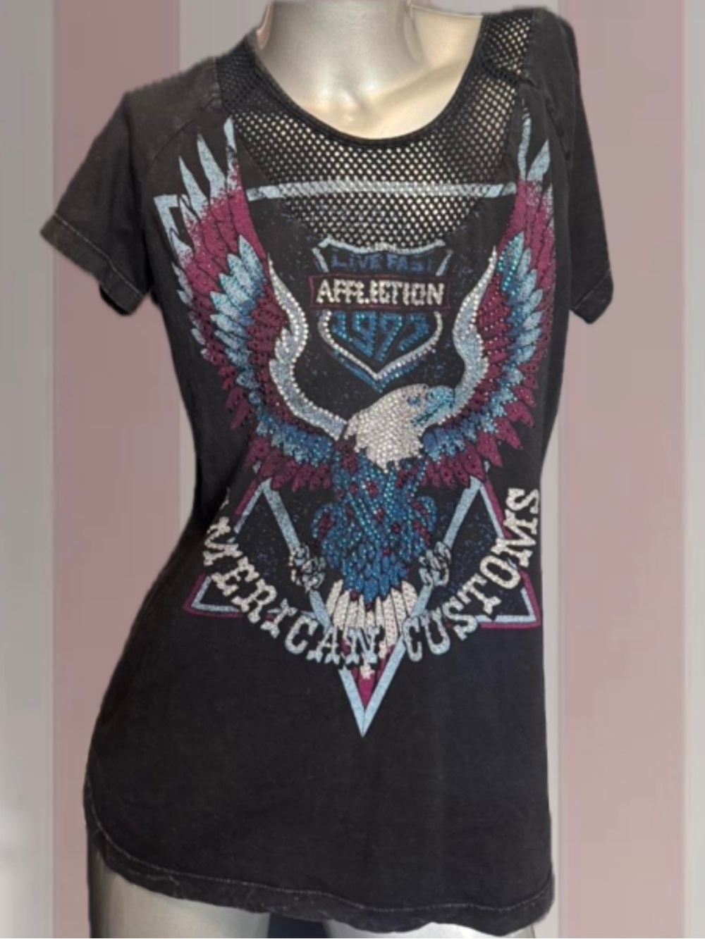 Affliction Bedazzled black blue Y2K Tee